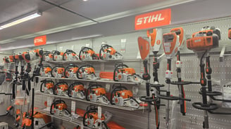 display of Stihl gas and battery operated power equipment