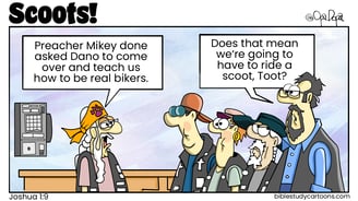 A cartoon of Christian bikers in their clubhouse getting some bad news.