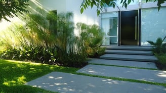 Casa con jardín verde, puerta marrón con el pasto cortado y entrada asfaltado