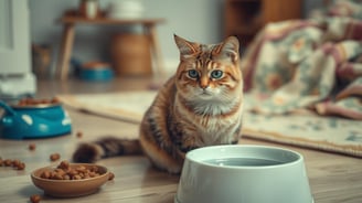 A concerned cat sitting by a water bowl, looking slightly lethargic, with a background of an indoor home environment.