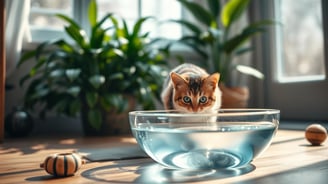 A serene interior scene of a cozy cat space featuring a large, elegant water bowl overflowing with crystal-clear water.