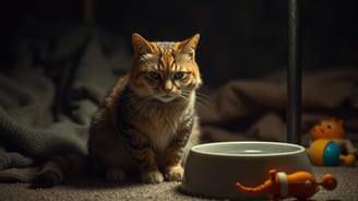 A concerned cat sitting by its water bowl, appearing lethargic and disinterested in food, with dim lighting.