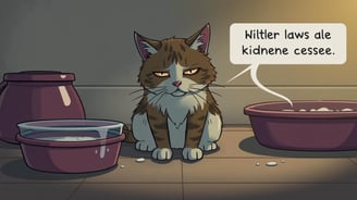 A somber, illustrative scene depicting a cat showing signs of kidney disease; the cat appears lethargic and has sunken eyes.