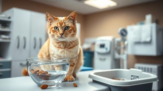 A worried cat sitting on a veterinary examination table, with subtle signs of kidney disease such as excessive drinking.