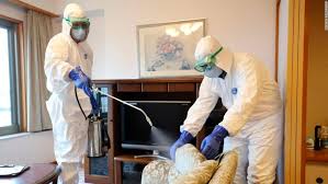 two people in white suits and white gloves are cleaning a couch