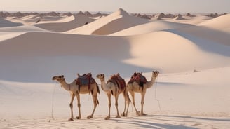 A vintage open-top jeep is parked on desert sand, with a backdrop of arid landscape and distant hills. The jeep has a sign on the side indicating 'Jeep Safari' with blue camel graphics.