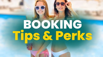 Two women by a pool holding drinks, representing booking tips and perks for Vegas dayclub crawls.