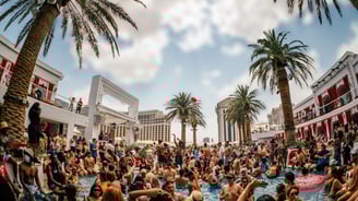 Crowd partying at Drai’s Beachclub rooftop pool with Caesars Palace views in Las Vegas