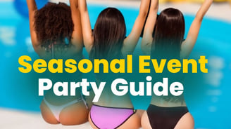 Three women in bikinis poolside raising their arms with text overlay reading Seasonal Event Party Guide