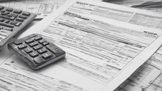 A tax form labeled Form 1120 sits on a wooden table. A black pen rests on the form, and a gray zippered pouch is partially visible beside it.