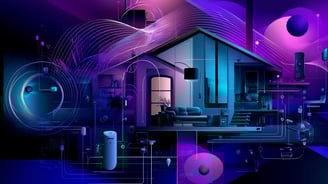 a house with a purple and blue background to depict a smart home in an abstract way