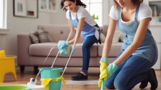 man cleaning on floor beside white wall