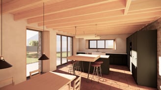 Vue intérieure cuisine, tomette, bois et chaux chanvre