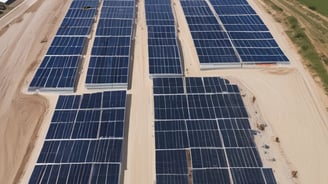 An aerial view of a building with a large array of solar panels on its roof. The structure is surrounded by greenery, pathways, and some smaller structures or landscaped areas. The environment appears to be a mix of natural and man-made elements, suggesting a focus on sustainability.