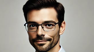 Image of a bookkeeper, about 35 years old, with glasses on, and a light beard looking at the camera.
