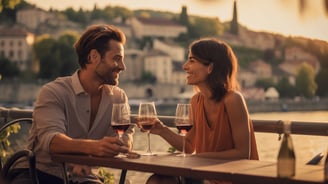 a couple drinking wine at a historical coastal town in Europe