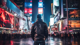 a man standing in the middle of Times Square in New York City at night