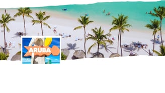 Montagem de foto com prai de fundo e a placa de Aruba.