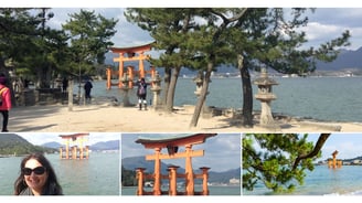 Foto da autora em frente ao Itsukushima shrine em Miyajima.