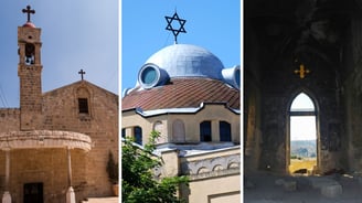 Três igrejas em Nazaré: Igreja Grega Ortodoxa, Sinagoga histórica e Nossa Senhora do Susto.