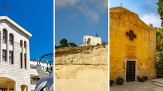 Três igrejas em Nazaré: Christ Church Anglicana, Basílica de São José, e Mensa Christi dos Salesiano
