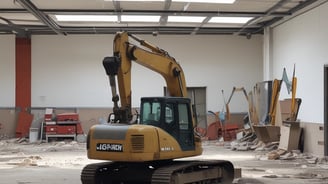 An orange excavator is performing demolition work amidst a pile of rubble and debris, surrounded by partially demolished buildings. The machine is branded with 'Hitachi' on its side and is set against a backdrop of brick and concrete structures.