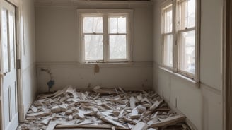 A construction excavator with a bucket attachment is demolishing a brick building. Rubble and dust are visible as the bricks fall and the structure collapses. The building appears to be residential with windows and parts of the interior exposed.