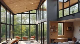 A series of modern wooden houses with large glass windows and triangular, black shingled roofs. The architecture features balconies with glass railings, creating a sleek and contemporary appearance.