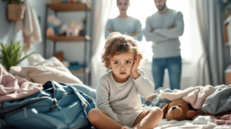 overwhelmed parents with a young girl sitting on a bed