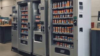 A vending machine filled with various snacks and beverages. The upper rows contain packages of chips, cookies, and snacks, while the lower sections are stocked with bottles and cans of drinks. A keypad and payment interface are visible on the right side.