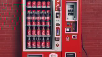 A vending machine is situated outdoors in a park-like setting, surrounded by grass, trees, and a metal trash can. Stacks of colorful drink cans and bottles are visible through the vending machine's glass front.