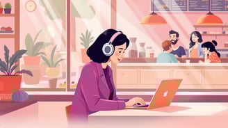 uma mulher com fones de ouvido está sentada à mesa com um laptop