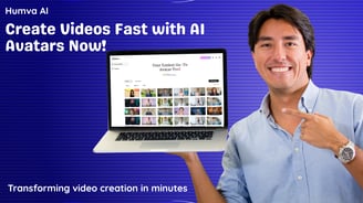 a man holding a laptop computer and pointing at Humva AI website on the screen