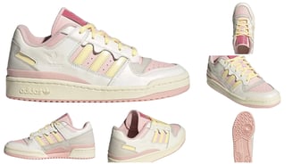 a pair of sneakers with soft pink and  soft yellow stripes, adidas Forum 
