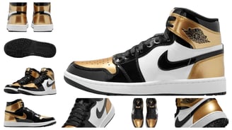 a pair of sneakers with gold and black and white, Nike Air Jordan 1 High Golf Gold