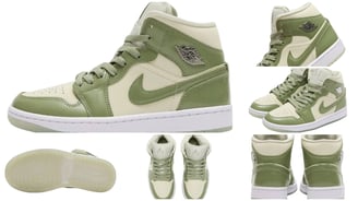 a collection  of sneakers, Nike Air Jordan 1 - Mid Sea Glass -  Oil Green