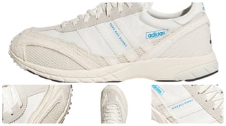 a pair of shoes with adidas sneakers, with collab by Bad Bunny