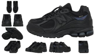 a pair of black shoes with different sneakers, New Balance 2002R Gore Tex with collab by JJJJound