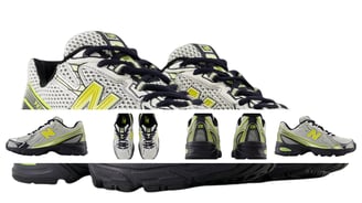 a pair of sneakers with different colors, New Balance 740 Silver Neon