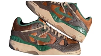 a pair of sneakers with a green and brown, nike Air Force 3 Low, with collab by Nigo
