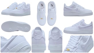 a collection of white sneakers with gold accents, Nike Air Force 1 Low Triple White