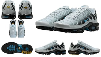 a collection of different sneakers, Nike Air Max Plus grey University Blue