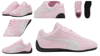 a soft  pink puma sneakers with a white background