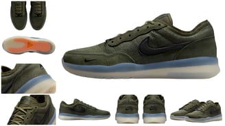 a picture of a pair of sneakers with a green and off-white sole, Nike SB PS8