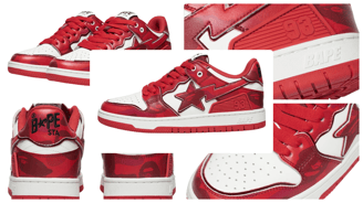 a collage of a red and white sneakers, Bape Sk8 Sta #1