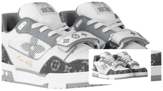 a pair of shoes with a white and grey design Louis Vuitton LV Trainer