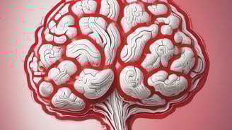 A detailed illustration of a human brain suspended in a futuristic environment. The background consists of concentric circles of evenly spaced, small metallic spheres, giving a sense of depth and complexity.