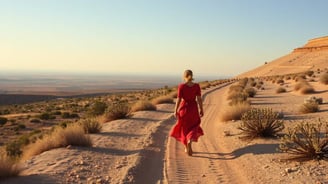 Une femme marche dans le désert, elle fait preuve de persévérance afin de surmonter cet obstacle