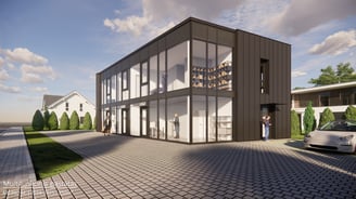 Šiuolaikinis dvibutis gyvenamasis pastatas su modernia fasado apdaila