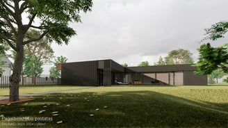 Prabangus modernus pastatas su tamsaus metalo ir corteno fasadais